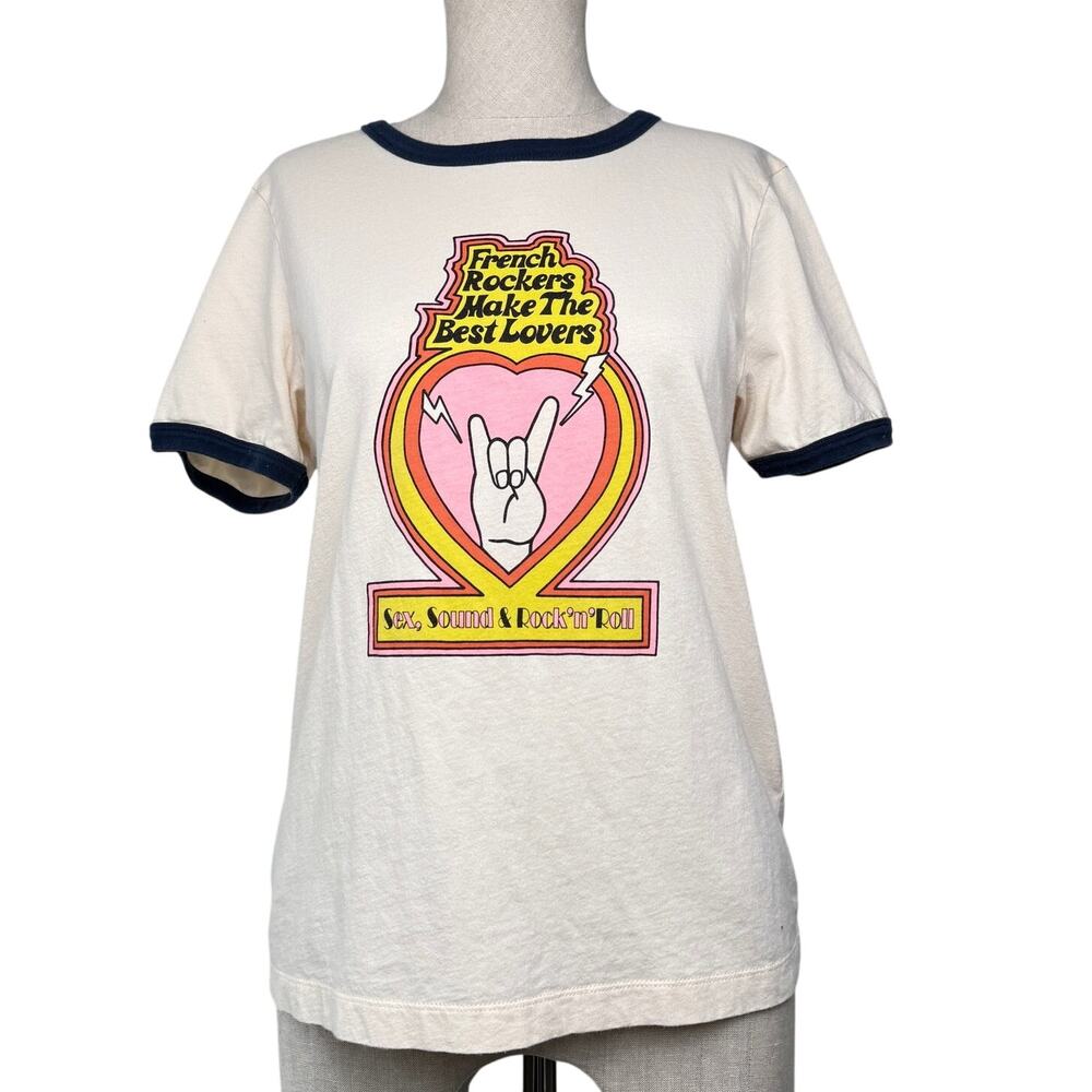 Sandro Paris Ringer Tee Graphic French Rockers Cotton Cream Blue